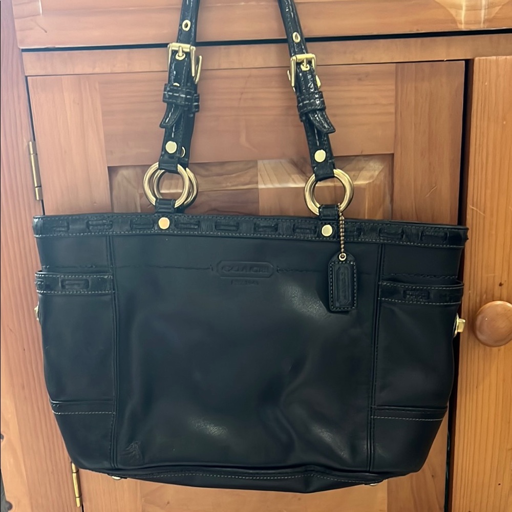 Coach Black Leather Tote with Gold Accents